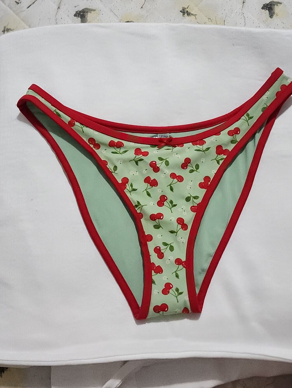 Ladies Cherry Print Bikini Bottoms in Mint Green and Red